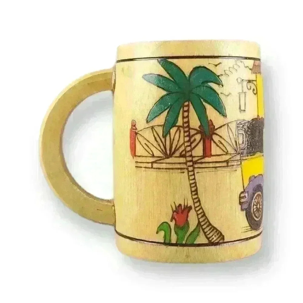 Bahamas Souvenir Bamboo Hand Painted Folk Art Villa & Car Tankard Stein Mug Cup - Picture 3 of 7